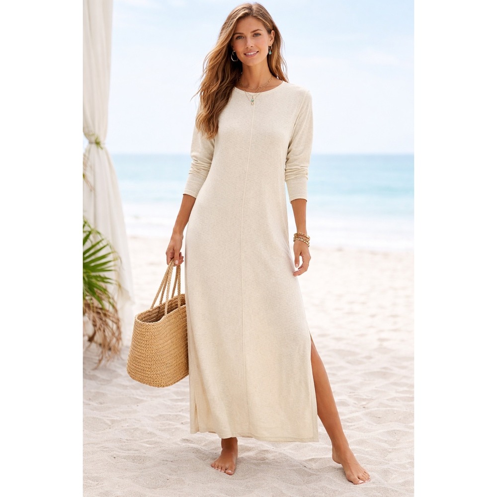 Free People Beach Womens‎ XS Cream Textured Cotton Blend Maxi Sweater Dress Slit